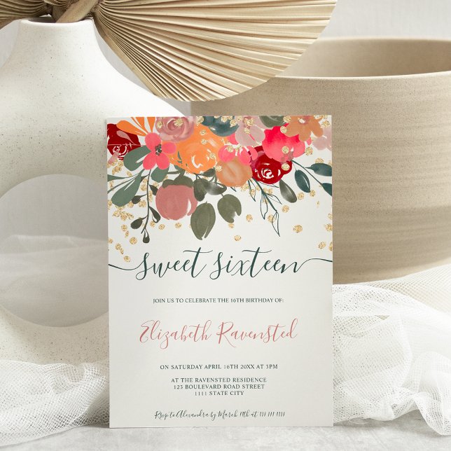 Fall retro floral watercolor gold sweet sixteen invitation (Creator Uploaded)