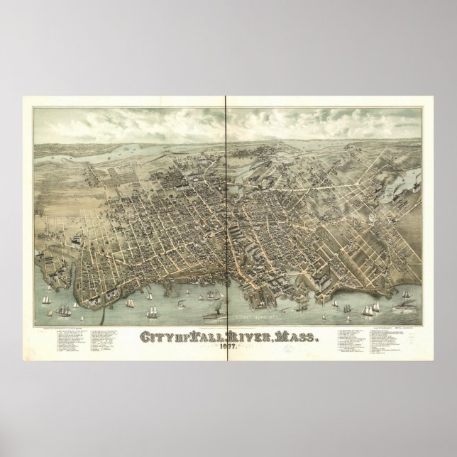 Fall River Massachusetts 1877 Antique Panorama Poster (Front)