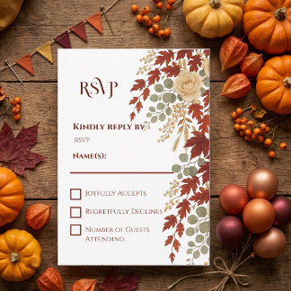 Fall Romance Autumn Bliss | Ivory Burgundy Wedding RSVP Card