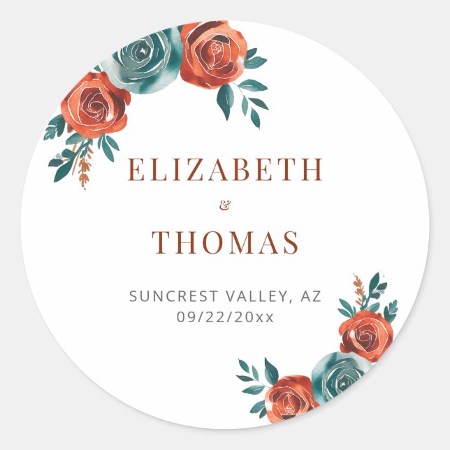 Fall Romantic Bold Teal Orange Elegant Wedding Classic Round Sticker (Front)