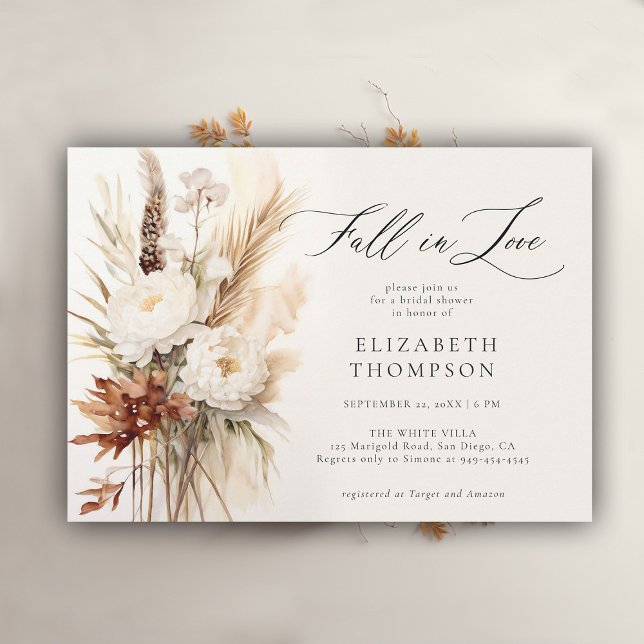 Fall Romantic Bouquet Boho Peony Bridal Shower Invitation (fall in love bridal shower invitation peony boho pampas terracotta watercolor elegant modern casual)