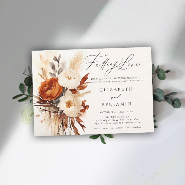 Fall Romantic Peony Rose Earthy Engagement Party Invitation (fall engagement party invitation rustic peony rose boho pampas dry grass watercolor elegant rustic)