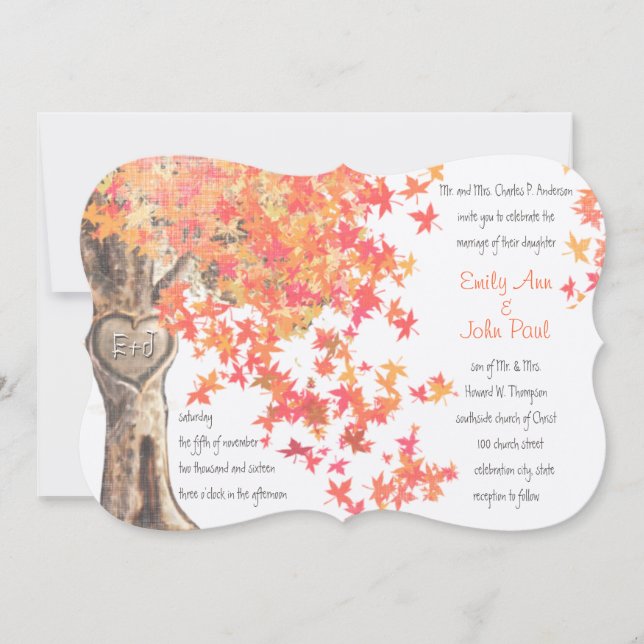 Fall Romantic Rustic Tree Orange Yellow Wedding Invitation (Front)