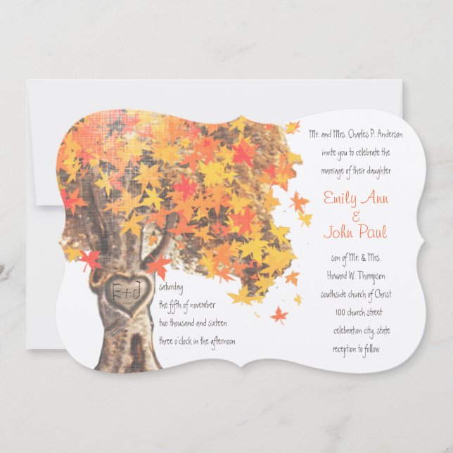 Fall Romantic Rustic Tree Orange Yellow Wedding Invitation (Front)