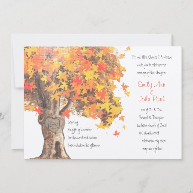 Fall Romantic Rustic Tree Orange Yellow Wedding Invitation (Front)