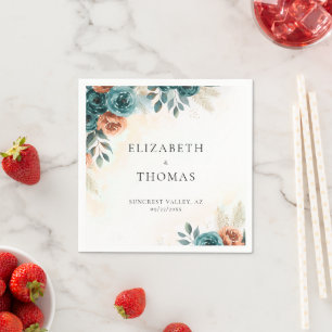 Fall Romantic Teal Burnt Orange Elegant Wedding Napkin