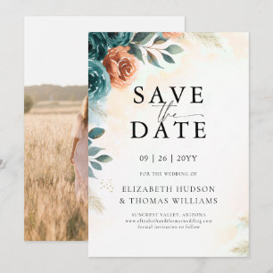 Fall Romantic Teal Burnt Orange Elegant Wedding Save The Date
