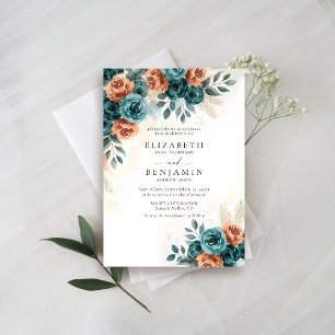 Fall Romantic Teal Burnt Orange Floral Wedding Invitation