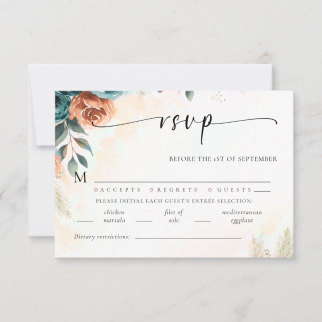 Fall Romantic Teal Burnt Orange Meal Wedding RSVP (Front)