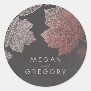 Fall Rose Gold and Chalkboard Leaves Wedding Classic Round Sticker