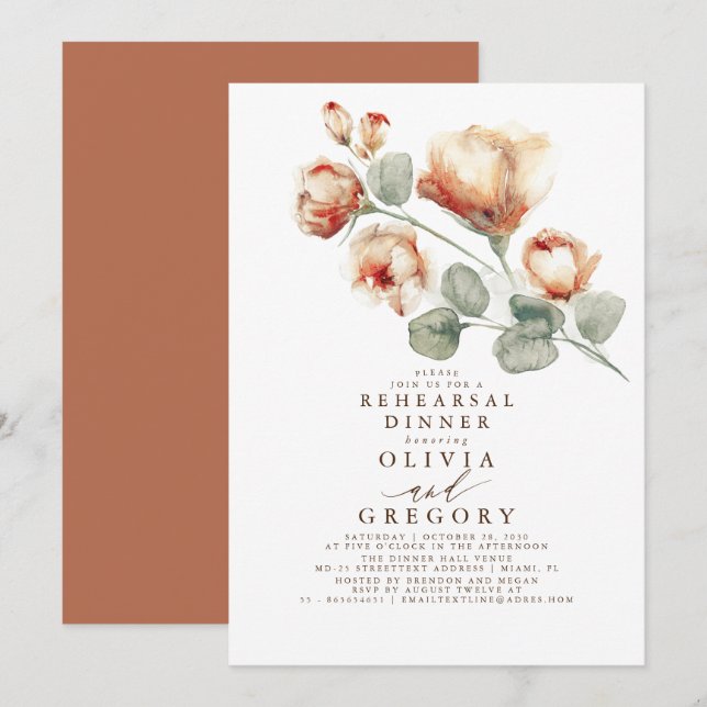 Fall Roses Floral Elegant Rehearsal Dinner Invitation (Front/Back)