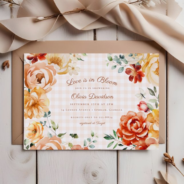Fall Rust Gold Floral Gingham Bridal Shower Invitation (Creator Uploaded)