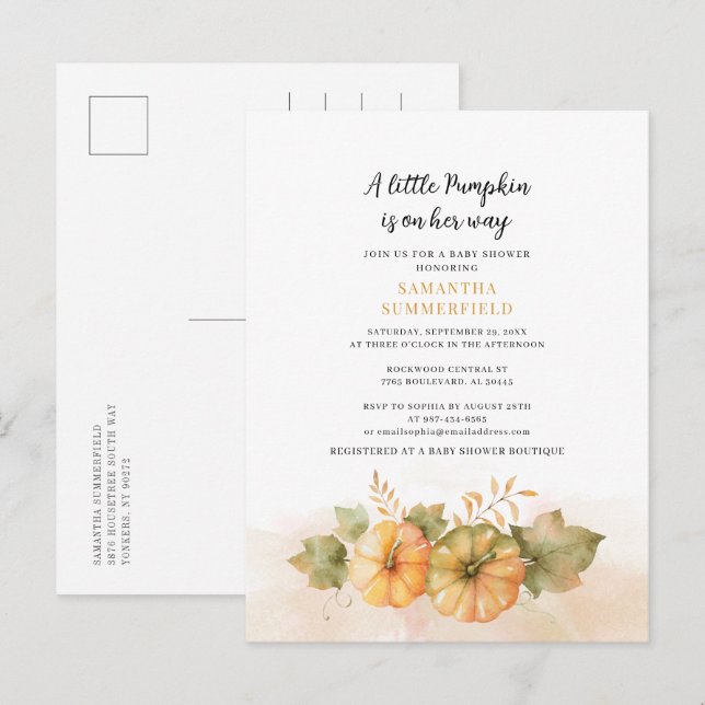Fall Rust Leaves Little Pumpkin Girl Baby Shower Invitation Postcard (Front/Back)