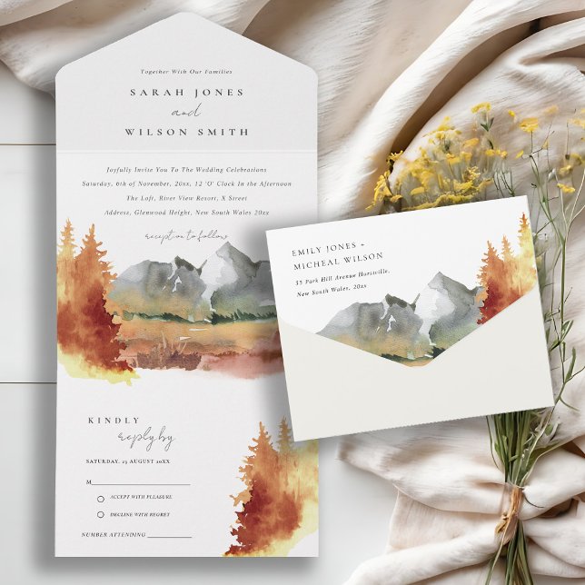 Fall Rust Orange Mountain Trees Foliage Wedding  All In One Invitation (Creator Uploaded)