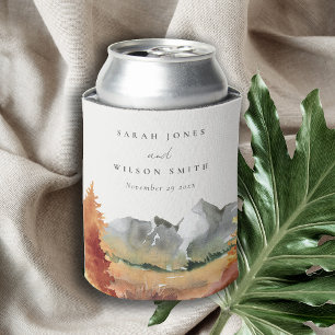 Fall Rust Orange Mountain Trees Foliage Wedding  Can Cooler