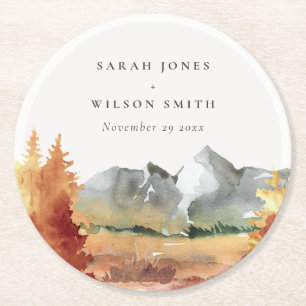 Fall Rust Orange Mountain Trees Foliage Wedding  Round Paper Coaster
