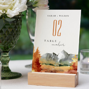Fall Rust Orange Mountain Trees Foliage Wedding  Table Number