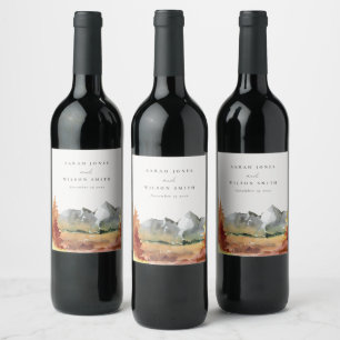 Fall Rust Orange Mountain Trees Foliage Wedding Wine Label