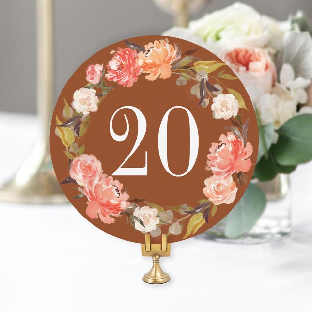 Fall Rust Peach Watercolor Floral Table Number (Creator Uploaded)
