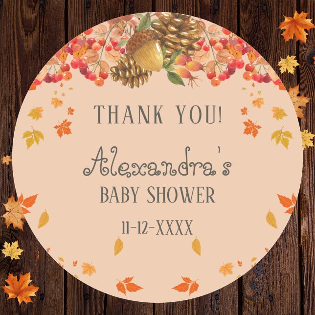 Fall Rustic Autumn Baby Shower Thank You  Classic Round Sticker (Creator Uploaded)