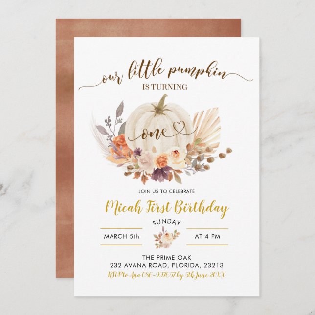 Fall Rustic Boho Pumpkin First Birthday Invitation (Front/Back)