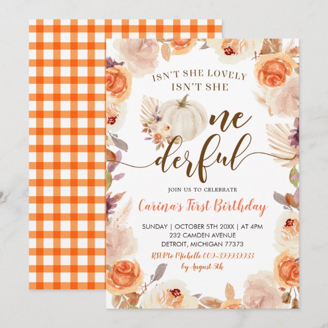 Fall Rustic Boho Pumpkin Onederful Birthday Invita Invitation (Front/Back)
