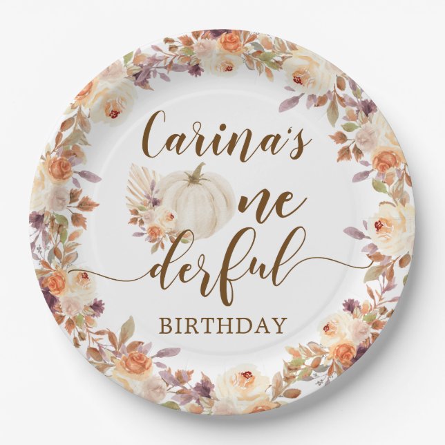 Fall Rustic Boho Pumpkin Onederful Paper Plate (Front)