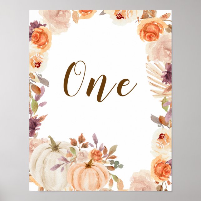Fall Rustic Boho Pumpkin Onederful Table Number Poster (Front)