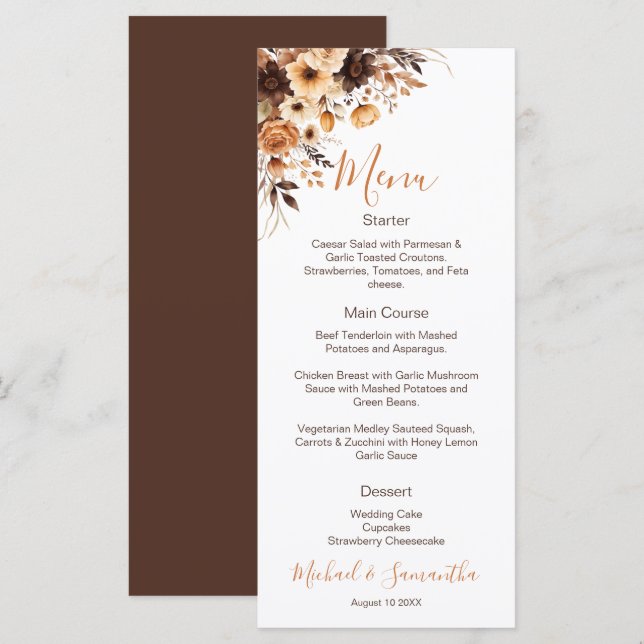 Fall Rustic Brown and Ivory Rose Country Wedding Menu (Front/Back)