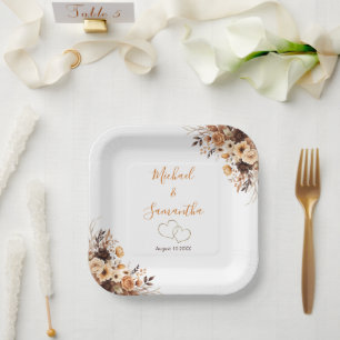 Fall Rustic Brown and Ivory Rose Country Wedding Paper Plate