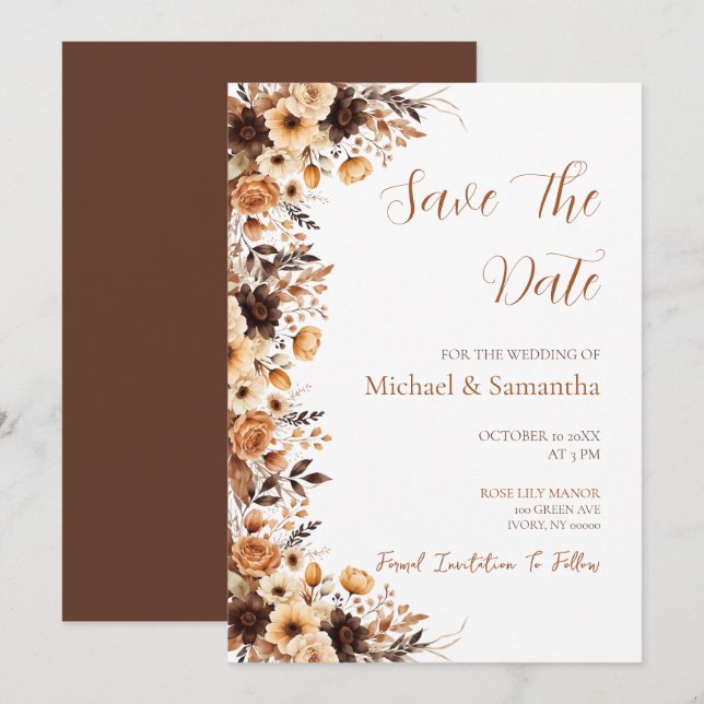 Fall Rustic Brown and Ivory Rose Country Wedding Save The Date (Front/Back)