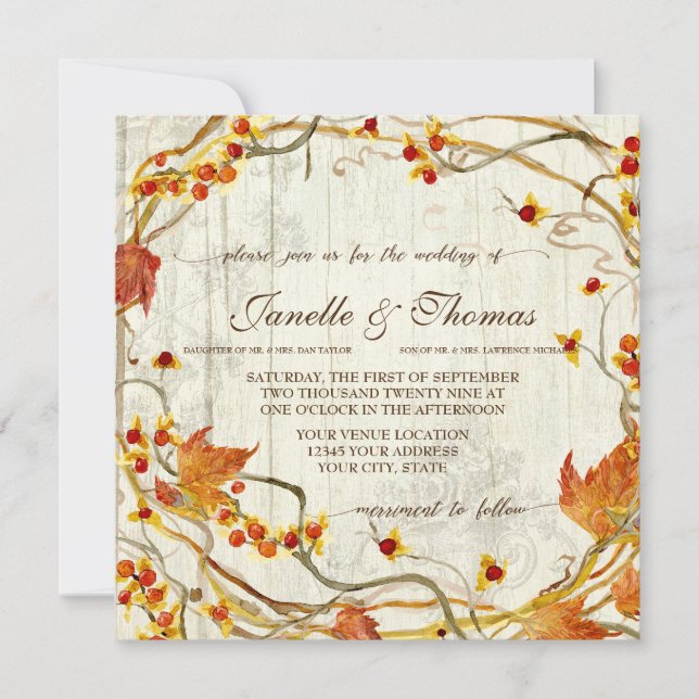Fall Rustic Elegant Wood Pretty Boho Woods Wedding Invitation (Front)