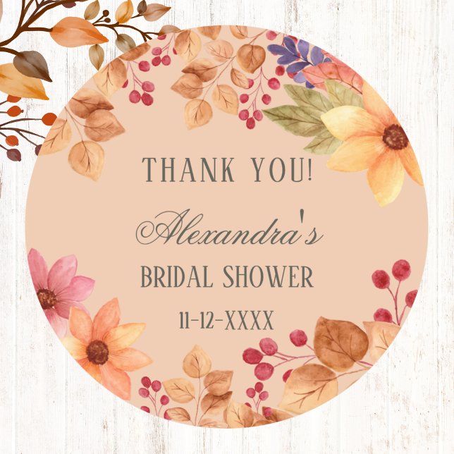 Fall Rustic Floral Autumn Bridal Shower Thank You  Classic Round Sticker (Creator Uploaded)