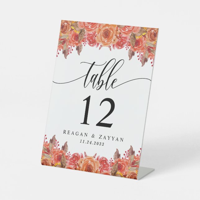 Fall Rustic Floral Autumn Wedding Table Number Pedestal Sign (Front)