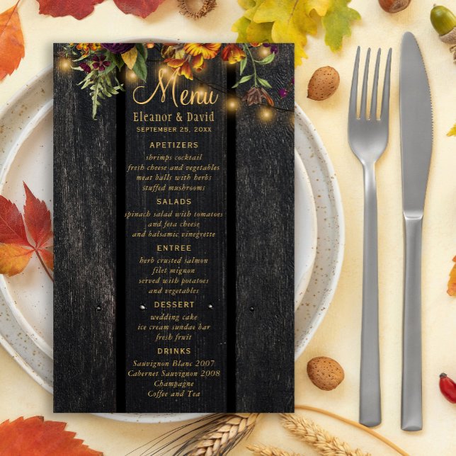 Fall rustic floral chic elegant wood wedding menu (Creator Uploaded)