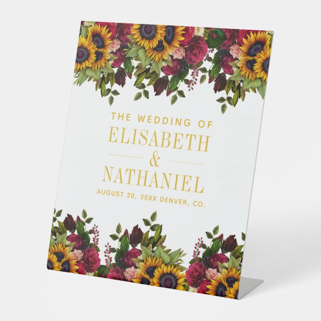Fall rustic floral wedding couple names welcome pedestal sign (Front)