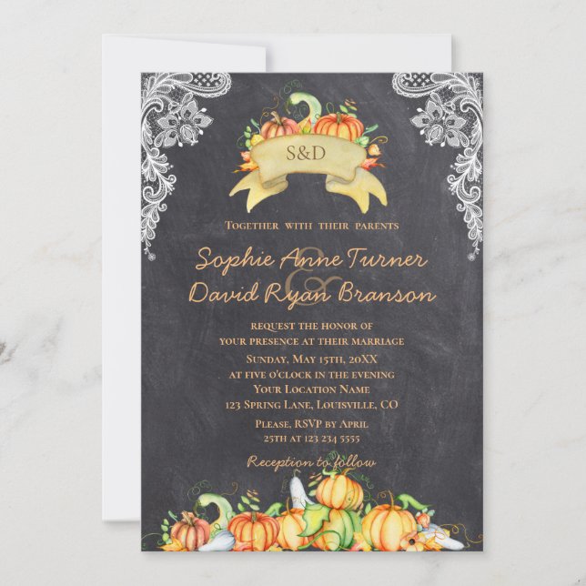 Fall Rustic Lace Pumpkins Chalkboard Wedding Invitation (Front)