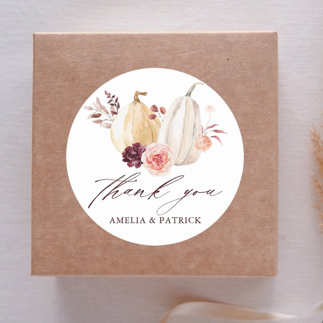 Fall Rustic Pumpkin Autumn Wedding Thank You Classic Round Sticker (Creator Uploaded)