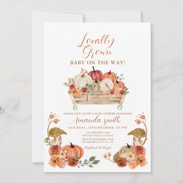 Fall Rustic Pumpkin Locally Grown Baby Shower Invitation (Front)