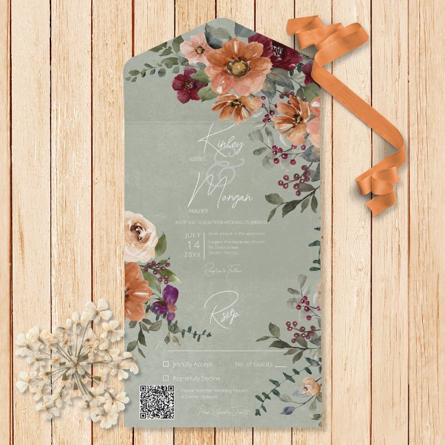 Fall Rustic Rust & Wine Floral Sage QR Code All In One Invitation (Also available without a QR code and with or without dinner selection options.)