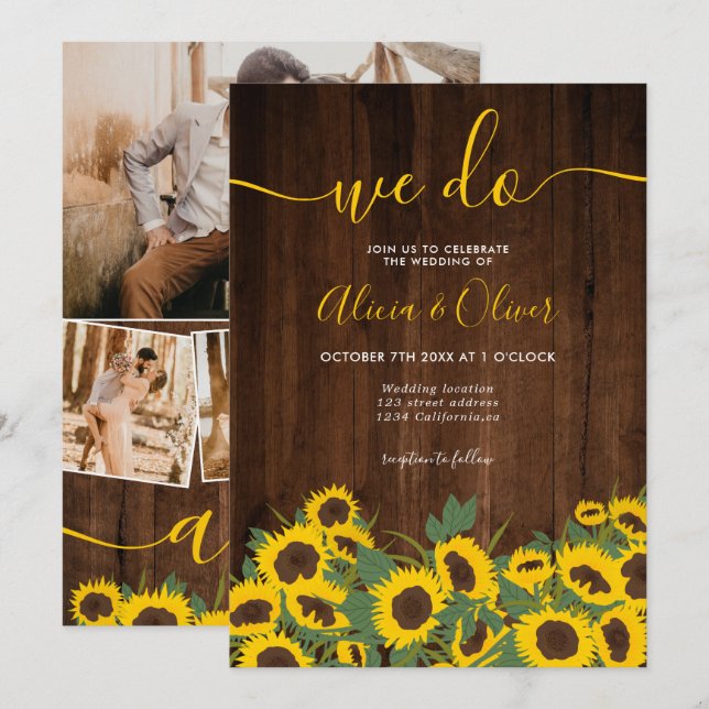 Fall rustic sunflowers wood photo initials wedding invitation (Front/Back)