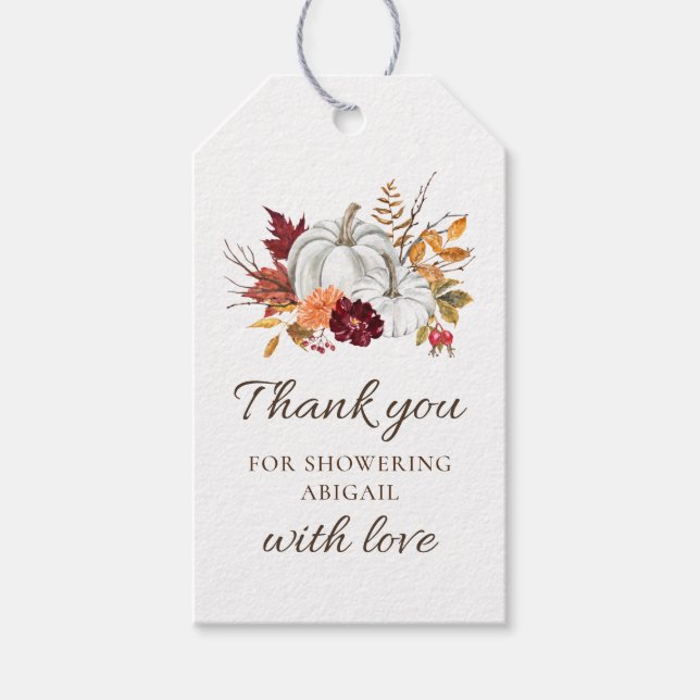 Fall Rustic White Pumpkin Baby Shower Favour Tag (Front)