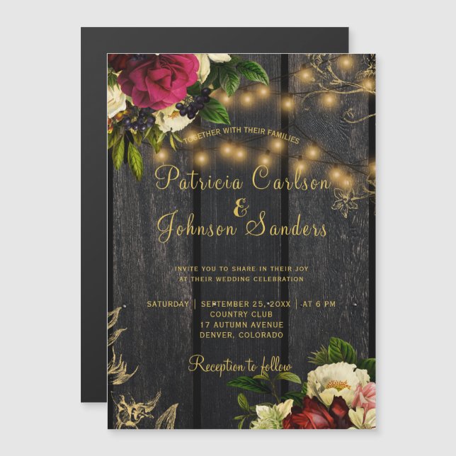 Fall rustic wood and string lights floral wedding magnetic invitation (Front/Back)