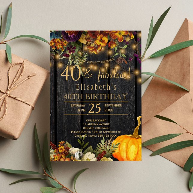 Fall rusty flowers rustic chic 40 fabulous years invitation (Creator Uploaded)
