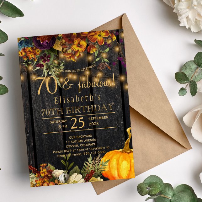 Fall rusty flowers rustic chic 70 fabulous years invitation (Creator Uploaded)