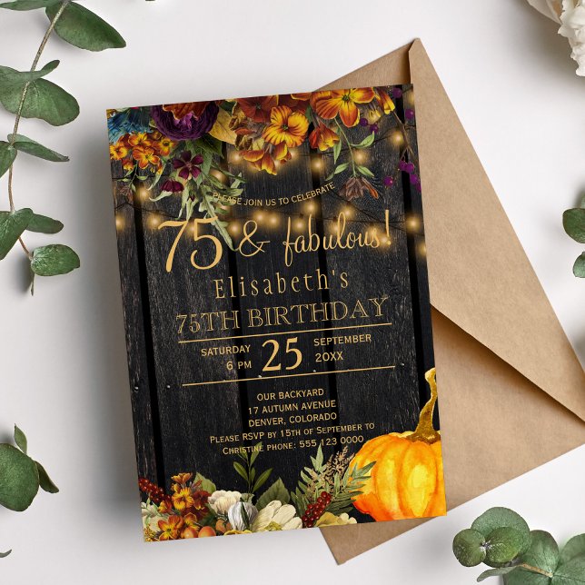 Fall rusty flowers rustic chic 75 fabulous years invitation (Creator Uploaded)