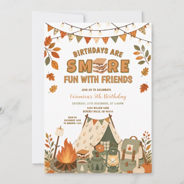 Fall S’more Fun With Friends Camping Birthday Invitation (Front)