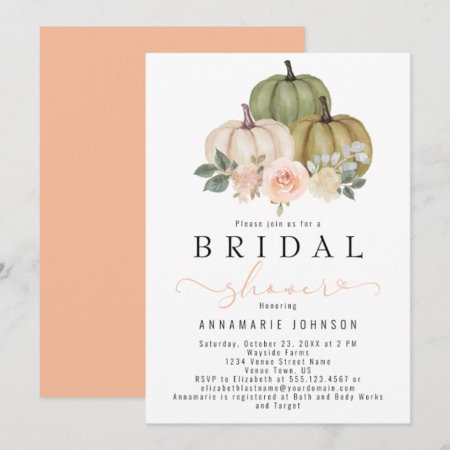 Fall Sage Green and Peach Pumpkin Floral Bridal In Invitation (Front/Back)