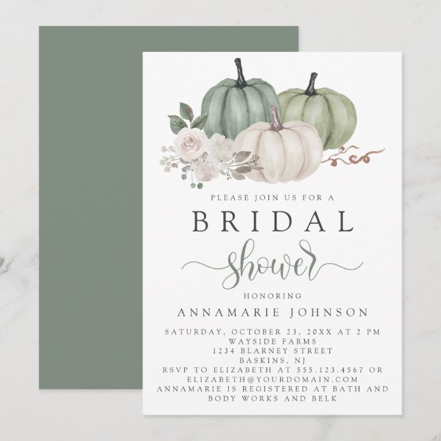 Fall Sage Green and White Pumpkin Floral Bridal Invitation (Front/Back)