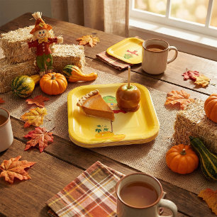 Fall Scarecrow and Pumpkins Autumn Harvest Paper Plate